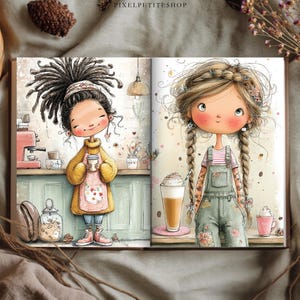 Puede incluir: Un libro abierto que muestra dos personajes ilustrados. La p&aacute;gina izquierda muestra a una persona con rastas oscuras vistiendo un su&eacute;ter amarillo y un delantal rosa sosteniendo una taza de caf&eacute;. La p&aacute;gina derecha muestra a una persona con trenzas rubias en overol verde.