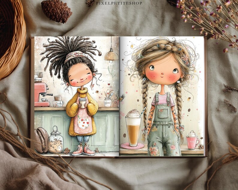 Puede incluir: Un libro abierto que muestra dos personajes ilustrados. La p&aacute;gina izquierda muestra a una persona con rastas oscuras vistiendo un su&eacute;ter amarillo y un delantal rosa sosteniendo una taza de caf&eacute;. La p&aacute;gina derecha muestra a una persona con trenzas rubias en overol verde.