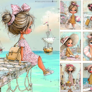 May include: Watercolor illustration featuring a young girl with a pink dress and bow, sitting on a wooden pier. Sailboats and ocean in the background. Additional images show similar girls in various settings, including a beach and cityscapes. Text: PIXELPETITESHOP.