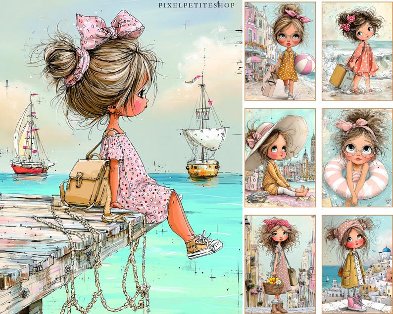 May include: Watercolor illustration featuring a young girl with a pink dress and bow, sitting on a wooden pier. Sailboats and ocean in the background. Additional images show similar girls in various settings, including a beach and cityscapes. Text: PIXELPETITESHOP.
