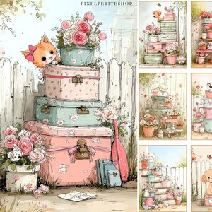 May include: Watercolor illustration of a stack of vintage suitcases in pink and teal, adorned with floral patterns and ribbons. A ginger cat with a pink bow peeks over the top. Roses and other flowers are in pots and vases, creating a whimsical garden scene.