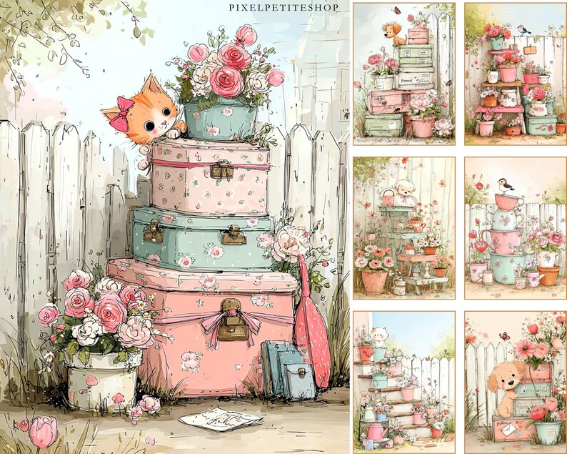 May include: Watercolor illustration of a stack of vintage suitcases in pink and teal, adorned with floral patterns and ribbons. A ginger cat with a pink bow peeks over the top. Roses and other flowers are in pots and vases, creating a whimsical garden scene.