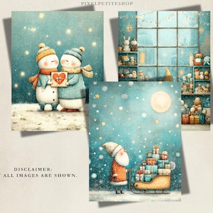 May include: Three digital art prints featuring holiday themes. One shows two snowmen exchanging a heart-adorned gift. Another depicts a toy shop interior with shelves of stuffed animals. The third shows a Santa figure pulling a sleigh full of gifts.