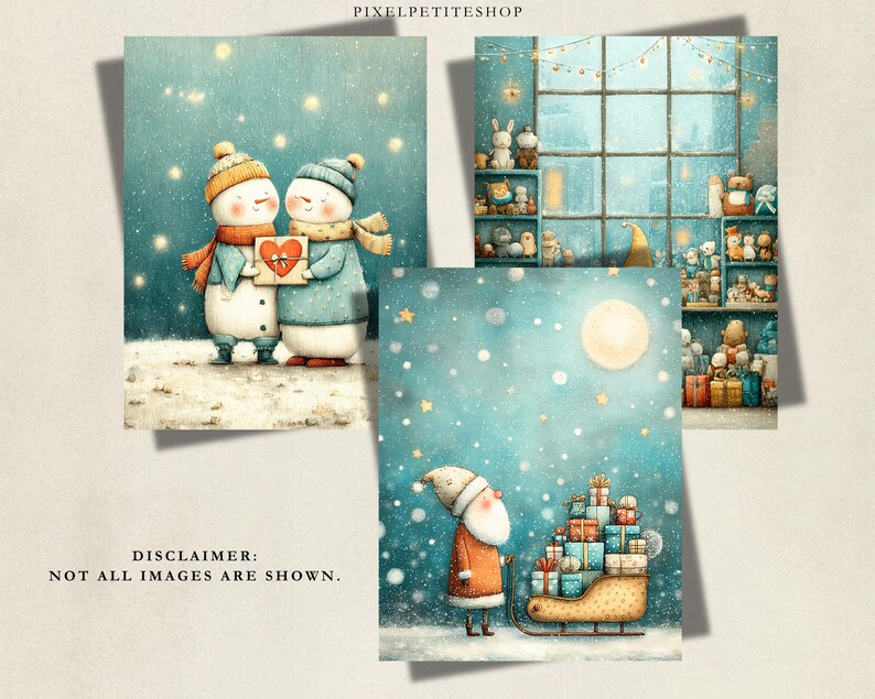 May include: Three digital art prints featuring holiday themes. One shows two snowmen exchanging a heart-adorned gift. Another depicts a toy shop interior with shelves of stuffed animals. The third shows a Santa figure pulling a sleigh full of gifts.