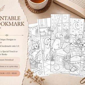 Printable Puppy Coloring Bookmarks, Dog Scenes, Kids Reading Activity (Instant Download)