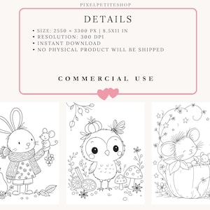 May include: A digital coloring page set featuring three black and white line art illustrations. The first shows a rabbit in a scarf holding a mouse, the second an owl with a pumpkin hat, and the third a mouse in a pumpkin. Text includes PIXELPETITESHOP, DETAILS, SIZE: 2550 x 3300 PX | 8.5X11 IN, RESOLUTION: 300 DPI, INSTANT DOWNLOAD, NO PHYSICAL PRODUCT WILL BE SHIPPED, and COMMERCIAL USE.