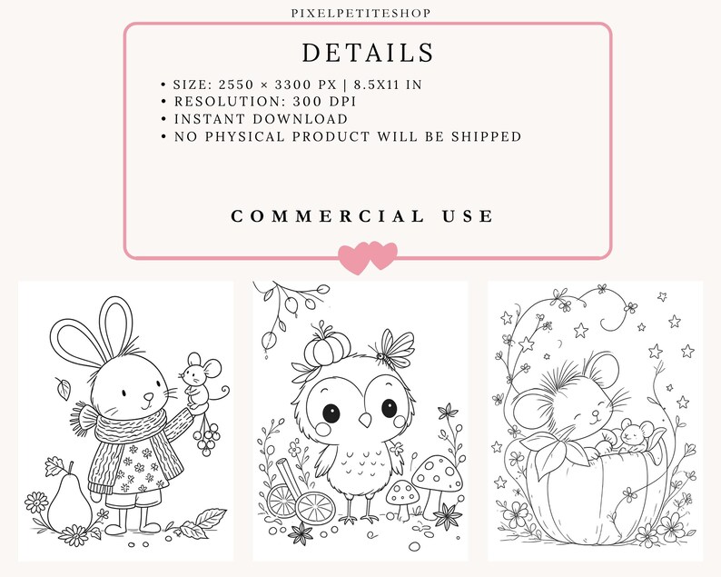 May include: A digital coloring page set featuring three black and white line art illustrations. The first shows a rabbit in a scarf holding a mouse, the second an owl with a pumpkin hat, and the third a mouse in a pumpkin. Text includes PIXELPETITESHOP, DETAILS, SIZE: 2550 x 3300 PX | 8.5X11 IN, RESOLUTION: 300 DPI, INSTANT DOWNLOAD, NO PHYSICAL PRODUCT WILL BE SHIPPED, and COMMERCIAL USE.