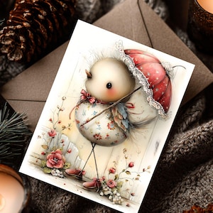 May include: A whimsical greeting card featuring a charming bird illustration. The bird, adorned with a floral patterned body and a red polka-dot umbrella, stands near a white picket fence with roses. The card is set against a cozy, textured background.
