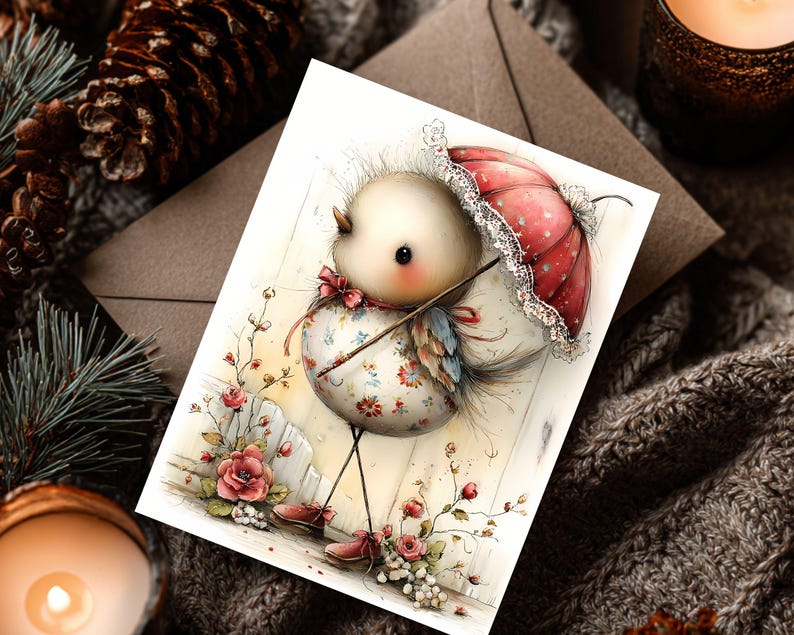 May include: A whimsical greeting card featuring a charming bird illustration. The bird, adorned with a floral patterned body and a red polka-dot umbrella, stands near a white picket fence with roses. The card is set against a cozy, textured background.