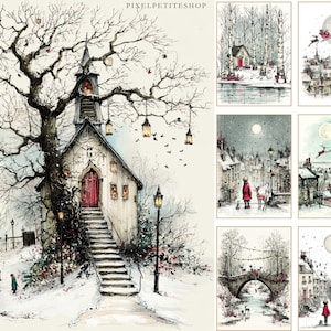 Op de afbeelding: Een verzameling kunstprints met winterthema. De prints tonen aquarel illustraties van besneeuwde landschappen, waaronder een kerk, huizen en een brug. Sommige prints tonen de kerstman en rendieren. Het kleurenpalet omvat wit, grijs en rood.