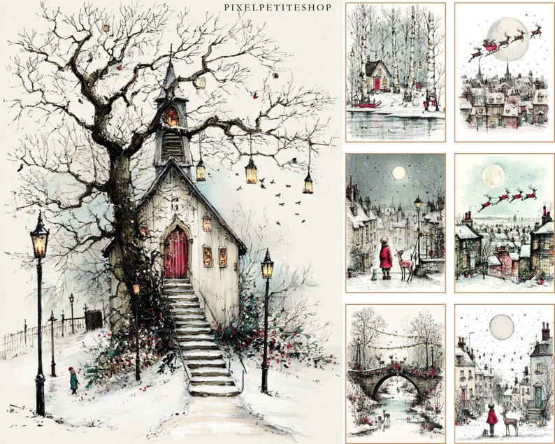 Op de afbeelding: Een verzameling kunstprints met winterthema. De prints tonen aquarel illustraties van besneeuwde landschappen, waaronder een kerk, huizen en een brug. Sommige prints tonen de kerstman en rendieren. Het kleurenpalet omvat wit, grijs en rood.