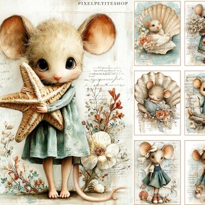 May include: A collection of whimsical art prints featuring adorable mouse characters. The central image shows a mouse in a blue dress holding a starfish. Other prints depict mice in shells and holding flowers, all with a vintage aesthetic.
