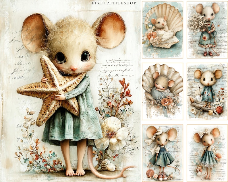 May include: A collection of whimsical art prints featuring adorable mouse characters. The central image shows a mouse in a blue dress holding a starfish. Other prints depict mice in shells and holding flowers, all with a vintage aesthetic.