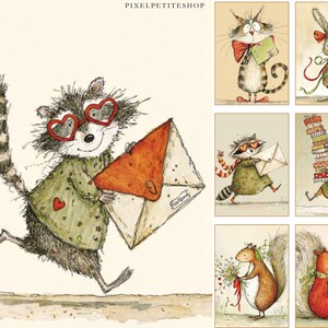 K&ouml;nnte beinhalten: Eine Sammlung skurriler Illustrationen mit anthropomorphen Tieren. Ein Waschb&auml;r mit herzf&ouml;rmiger Brille tr&auml;gt einen gro&szlig;en Umschlag. Weitere Bilder zeigen eine Katze, ein Kaninchen, einen Fuchs und Eichh&ouml;rnchen, die jeweils Geschenke oder Briefe halten. Die Kunstwerke haben einen handgezeichneten Stil.