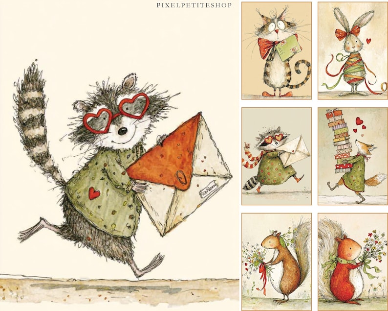 K&ouml;nnte beinhalten: Eine Sammlung skurriler Illustrationen mit anthropomorphen Tieren. Ein Waschb&auml;r mit herzf&ouml;rmiger Brille tr&auml;gt einen gro&szlig;en Umschlag. Weitere Bilder zeigen eine Katze, ein Kaninchen, einen Fuchs und Eichh&ouml;rnchen, die jeweils Geschenke oder Briefe halten. Die Kunstwerke haben einen handgezeichneten Stil.