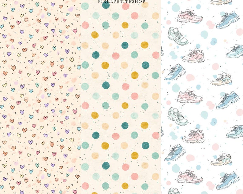 Op de afbeelding: Er zijn drie verschillende patroonontwerpen te zien. De eerste heeft een cr&egrave;mekleurige achtergrond met verspreide pastelkleurige hartjes. De tweede heeft een cr&egrave;mekleurige achtergrond met kleurrijke stippen. Het derde ontwerp toont sneakers in blauw en roze.