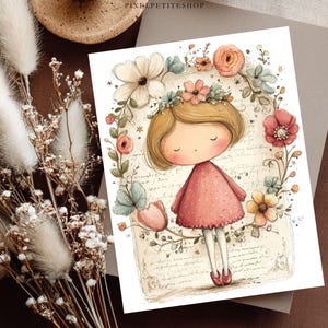 May include: A whimsical illustration of a girl in a pink dress, surrounded by a floral wreath. The artwork features soft colors, a vintage style, and the text "PIXILPETITESHOP" at the top. The girl has a flower crown and is standing on a light background.