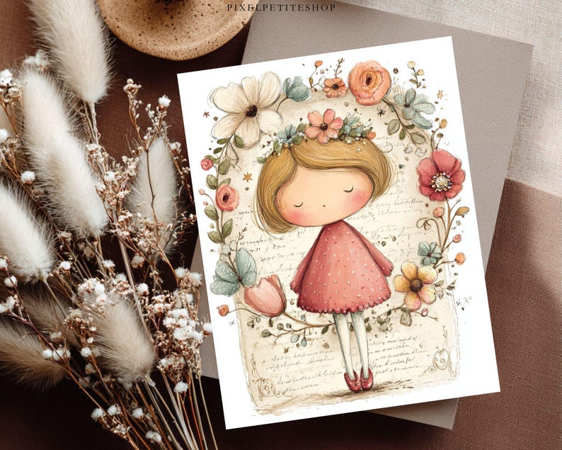 May include: A whimsical illustration of a girl in a pink dress, surrounded by a floral wreath. The artwork features soft colors, a vintage style, and the text "PIXILPETITESHOP" at the top. The girl has a flower crown and is standing on a light background.