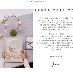 May include: A digital kit featuring 170 pages with a baby sleeping on a crescent moon illustration. Text includes ABOUT THIS KIT, 170 digital pages, 2550x3300 px, 8.5x11 in, 300 dpi, and notes on colors, instant download, and no physical product shipping.