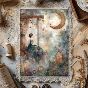 May include: A rectangular art print featuring a digital illustration of a person in a teal gown sitting on a swing under a large crescent moon, with a second person in a peach gown standing nearby, surrounded by hanging lanterns and stars.