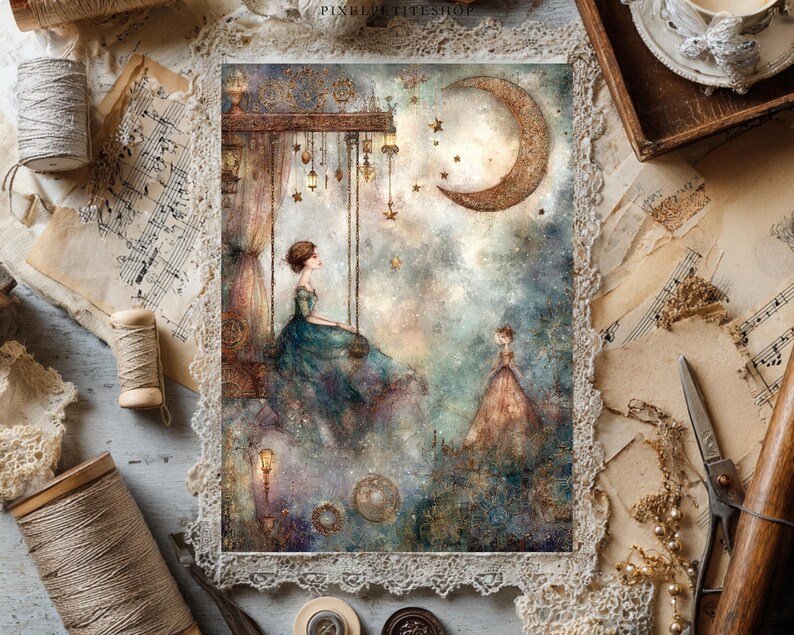 May include: A rectangular art print featuring a digital illustration of a person in a teal gown sitting on a swing under a large crescent moon, with a second person in a peach gown standing nearby, surrounded by hanging lanterns and stars.