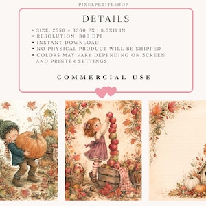 Op de afbeelding: Een digitale downloadset met drie herfstachtige illustraties. E&eacute;n toont een kind met een pompoen, een andere een kind dat appels stapelt, en de derde een vogelhuisje met een roodborstje. Tekst: PIXELPETITESHOP, DETAILS, COMMERCIAL USE.