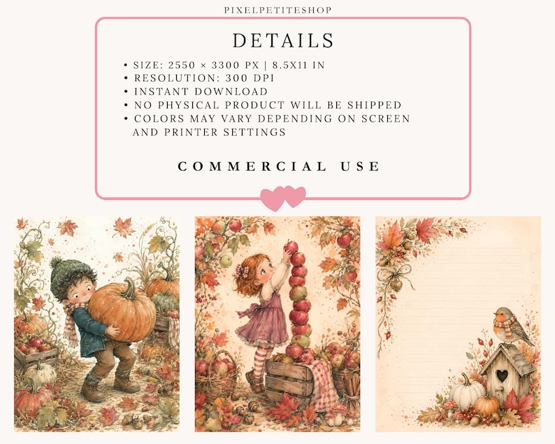 Op de afbeelding: Een digitale downloadset met drie herfstachtige illustraties. E&eacute;n toont een kind met een pompoen, een andere een kind dat appels stapelt, en de derde een vogelhuisje met een roodborstje. Tekst: PIXELPETITESHOP, DETAILS, COMMERCIAL USE.