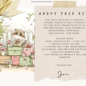 May include: Digital art kit featuring a watercolor illustration of a raccoon holding flowers, sitting atop stacked crates filled with roses. The image includes text that reads "About This Kit" and "PixelPetiteShop". The kit includes 35 digital papers.