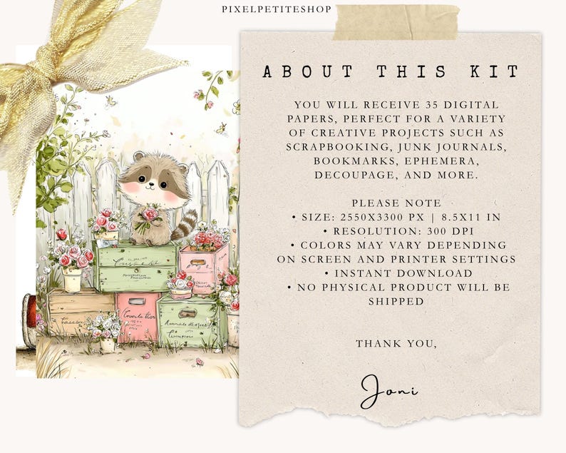 May include: Digital art kit featuring a watercolor illustration of a raccoon holding flowers, sitting atop stacked crates filled with roses. The image includes text that reads "About This Kit" and "PixelPetiteShop". The kit includes 35 digital papers.