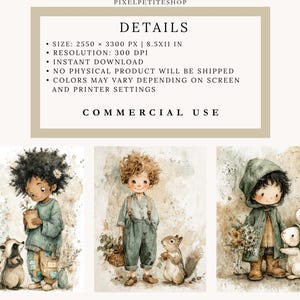 Pode incluir: Ilustra&ccedil;&otilde;es em aquarela com tr&ecirc;s crian&ccedil;as e animais. A primeira crian&ccedil;a segura uma planta com um guaxinim, a segunda est&aacute; com um esquilo e a terceira com um coelho. O texto "DETAILS" e "COMMERCIAL USE" tamb&eacute;m est&aacute; presente.
