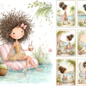 May include: Watercolor illustrations featuring a cartoon girl with curly brown hair. The main image shows the girl sitting on a striped pillow, holding a drink. Other images depict her in various scenes, including walking by the sea and relaxing.