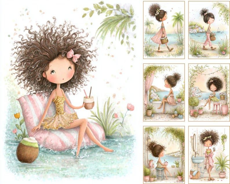 May include: Watercolor illustrations featuring a cartoon girl with curly brown hair. The main image shows the girl sitting on a striped pillow, holding a drink. Other images depict her in various scenes, including walking by the sea and relaxing.