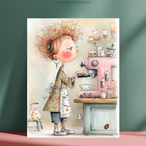 Puede incluir: Una ilustraci&oacute;n caprichosa de una persona con cabello rizado color jengibre, vistiendo un delantal floral y leggings estampados, operando una m&aacute;quina de caf&eacute; espresso rosa. La escena incluye un taburete peque&ntilde;o, frascos de cocina y un grano de caf&eacute;.