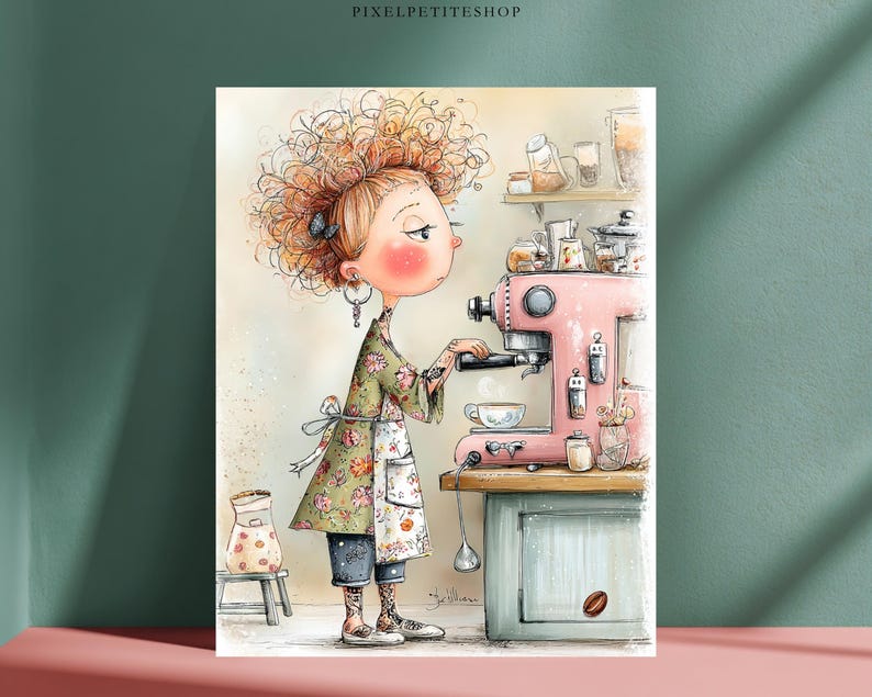 Puede incluir: Una ilustraci&oacute;n caprichosa de una persona con cabello rizado color jengibre, vistiendo un delantal floral y leggings estampados, operando una m&aacute;quina de caf&eacute; espresso rosa. La escena incluye un taburete peque&ntilde;o, frascos de cocina y un grano de caf&eacute;.