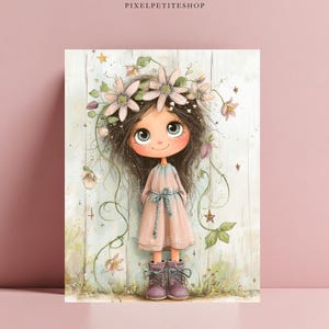 May include: A whimsical illustration of a girl with large, expressive eyes, wearing a pink dress and purple boots. She is adorned with a floral crown and surrounded by delicate floral and star accents, set against a rustic wooden backdrop.
