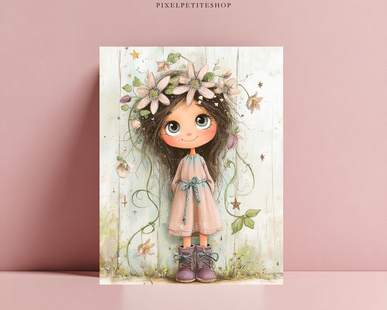 May include: A whimsical illustration of a girl with large, expressive eyes, wearing a pink dress and purple boots. She is adorned with a floral crown and surrounded by delicate floral and star accents, set against a rustic wooden backdrop.