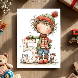 Pu&ograve; includere: Un'illustrazione stravagante di un bambino che tiene un grande numero 5 a pois. Il bambino &egrave; vestito con abiti invernali, tra cui un cappello, una sciarpa e stivali. Un piccolo orsacchiotto e un trenino giocattolo sono visibili, suggerendo un tema di compleanno.