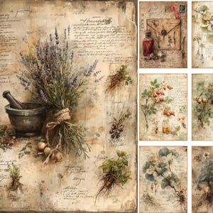 May include: A collection of vintage botanical illustrations. A bouquet of lavender and a mortar and pestle are on the left. Other images include drawings of plants, berries, and roots, with handwritten text in the background.