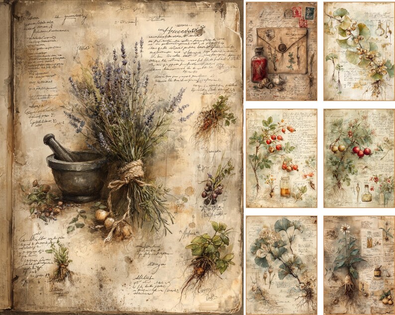 May include: A collection of vintage botanical illustrations. A bouquet of lavender and a mortar and pestle are on the left. Other images include drawings of plants, berries, and roots, with handwritten text in the background.