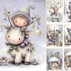 Puede incluir: Ilustraci&oacute;n en acuarela con tem&aacute;tica navide&ntilde;a. Un ni&ntilde;o con un gorro morado monta un reno blanco adornado con adornos. Otras im&aacute;genes muestran ni&ntilde;os con renos, decorando un &aacute;rbol y cerca de una casa con forma de seta.