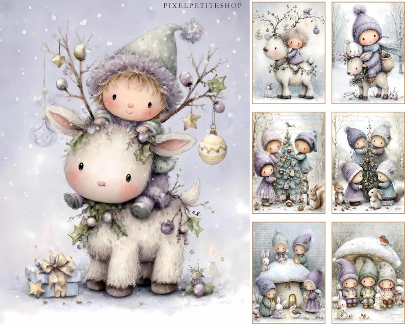 Puede incluir: Ilustraci&oacute;n en acuarela con tem&aacute;tica navide&ntilde;a. Un ni&ntilde;o con un gorro morado monta un reno blanco adornado con adornos. Otras im&aacute;genes muestran ni&ntilde;os con renos, decorando un &aacute;rbol y cerca de una casa con forma de seta.