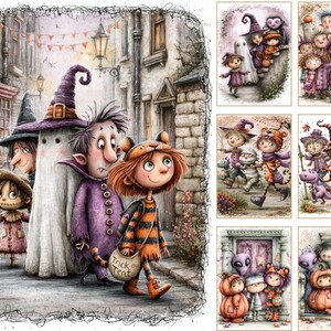 May include: A collection of digital illustrations featuring groups of children in various Halloween costumes, including ghosts, witches, vampires, and mummies, walking through streets and doorways with pumpkins and trick-or-treat bags.