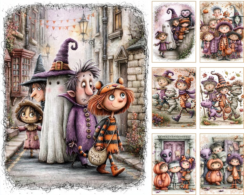 May include: A collection of digital illustrations featuring groups of children in various Halloween costumes, including ghosts, witches, vampires, and mummies, walking through streets and doorways with pumpkins and trick-or-treat bags.
