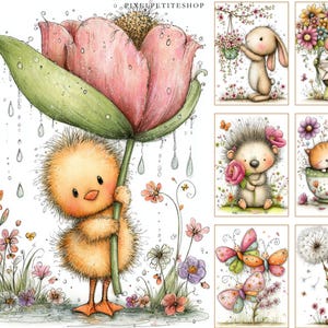 May include: Watercolor illustrations of adorable animals in a whimsical garden setting. A yellow chick shelters under a large pink flower. Other images include a bunny, turtle, hedgehog, cat, butterflies, and a mouse, all surrounded by flowers.