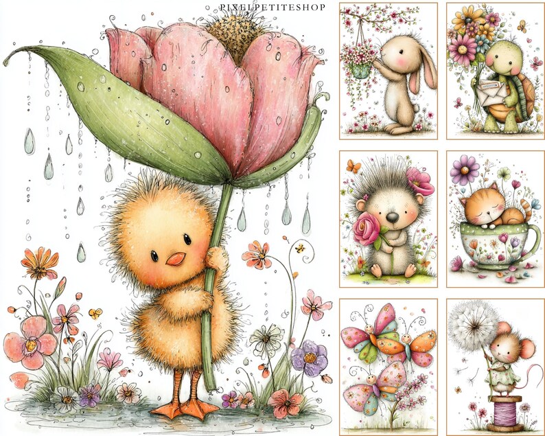 May include: Watercolor illustrations of adorable animals in a whimsical garden setting. A yellow chick shelters under a large pink flower. Other images include a bunny, turtle, hedgehog, cat, butterflies, and a mouse, all surrounded by flowers.