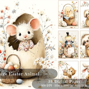 May include: A collection of watercolour illustrations featuring Easter animals. A mouse peeks from an egg, alongside a chick in a basket and a sloth with a basket. The image includes the text "Vintage Easter Animal" and "39 Digital Pages, 21.59 x 27.94 cm."