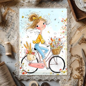 May include: A whimsical illustration of a person with blonde hair in a bun riding a pink bicycle. The person wears a yellow polka-dot top and blue jeans. A wicker basket on the handlebars holds colorful flowers, and a rear bag contains bread.