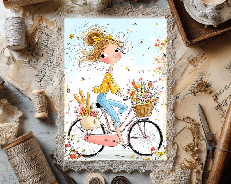 May include: A whimsical illustration of a person with blonde hair in a bun riding a pink bicycle. The person wears a yellow polka-dot top and blue jeans. A wicker basket on the handlebars holds colorful flowers, and a rear bag contains bread.