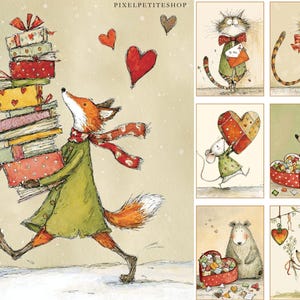 K&ouml;nnte beinhalten: Eine Sammlung skurriler Illustrationen mit anthropomorphen Tieren. Ein Fuchs tr&auml;gt einen Stapel Geschenke, w&auml;hrend andere Bilder Katzen, eine Maus, einen B&auml;ren und einen Igel mit herzf&ouml;rmigen Objekten zeigen. Die Kunstwerke haben einen weichen Aquarellstil mit Winterthema.