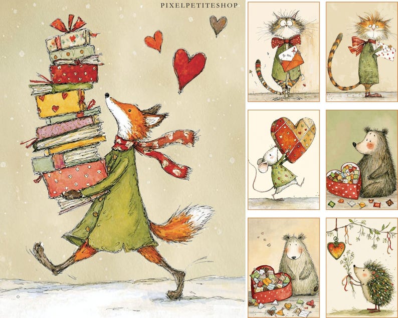 K&ouml;nnte beinhalten: Eine Sammlung skurriler Illustrationen mit anthropomorphen Tieren. Ein Fuchs tr&auml;gt einen Stapel Geschenke, w&auml;hrend andere Bilder Katzen, eine Maus, einen B&auml;ren und einen Igel mit herzf&ouml;rmigen Objekten zeigen. Die Kunstwerke haben einen weichen Aquarellstil mit Winterthema.